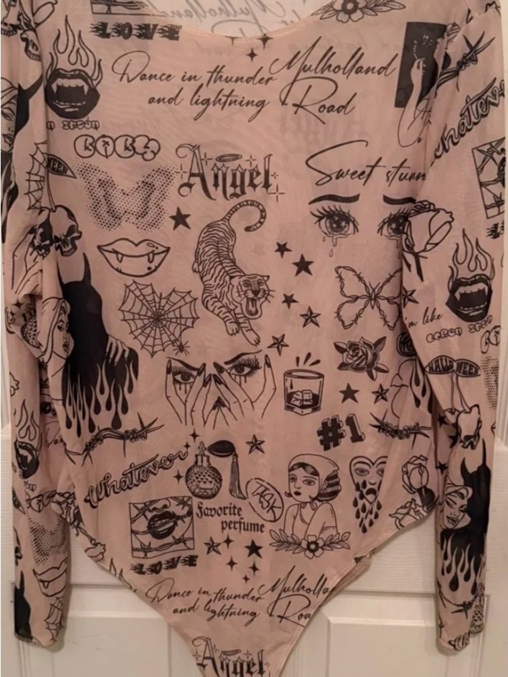 Graphic Tattoo-Print Bodysuit in Blush Pink and Black